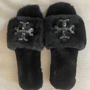 NIB Tory Burch Jeweled Shearling Slides PERFECT BLACK US Women’s size 6.5.